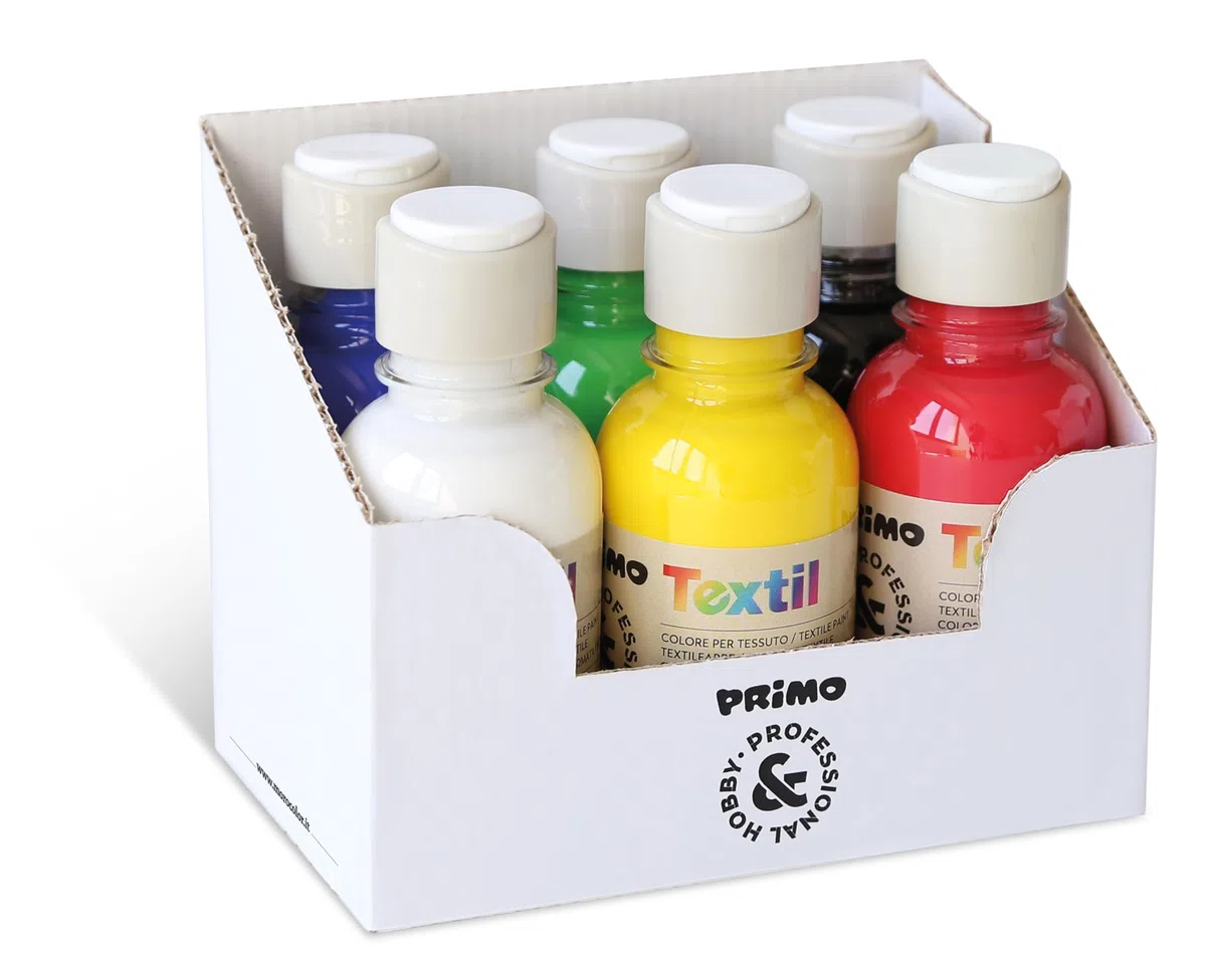 PRIMO Hobby & Professional - Colori Acrilici per Dipingere 6 Colori per Artisti +14 Anni 125ml Colori per Tessuti Permanenti Coprenti Vernice Acrilica Cartoleria Lavoretti Creativi Pittura per Tessuti