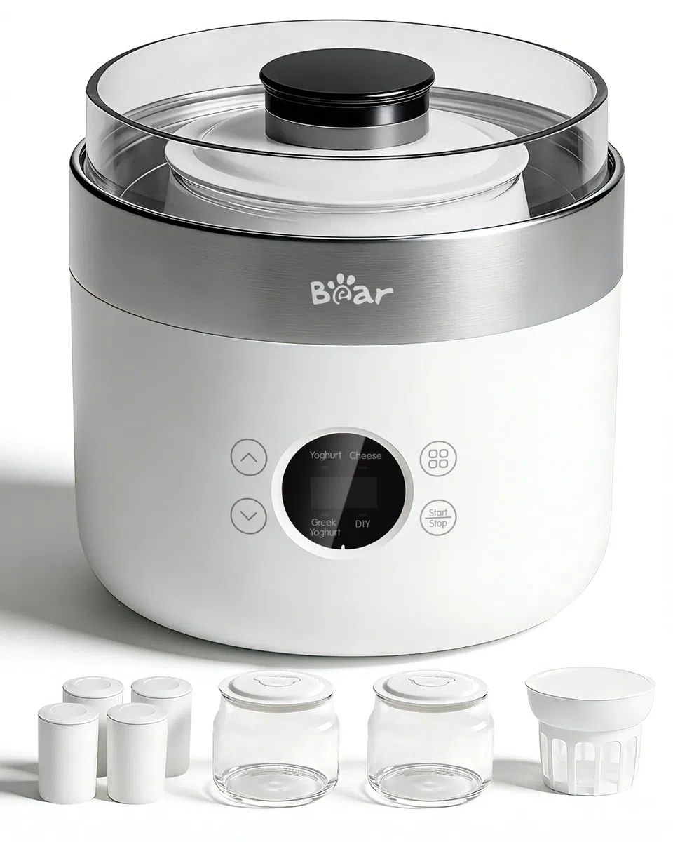 Bear Yogurtiera e casara per formaggio fresco, inclusi 4 tazze porzionate in ceramica da 125 ml, 2 contenitori in vetro XXL da 1 litro e 4 programmi preimpostati per yogurt greco e formaggio
