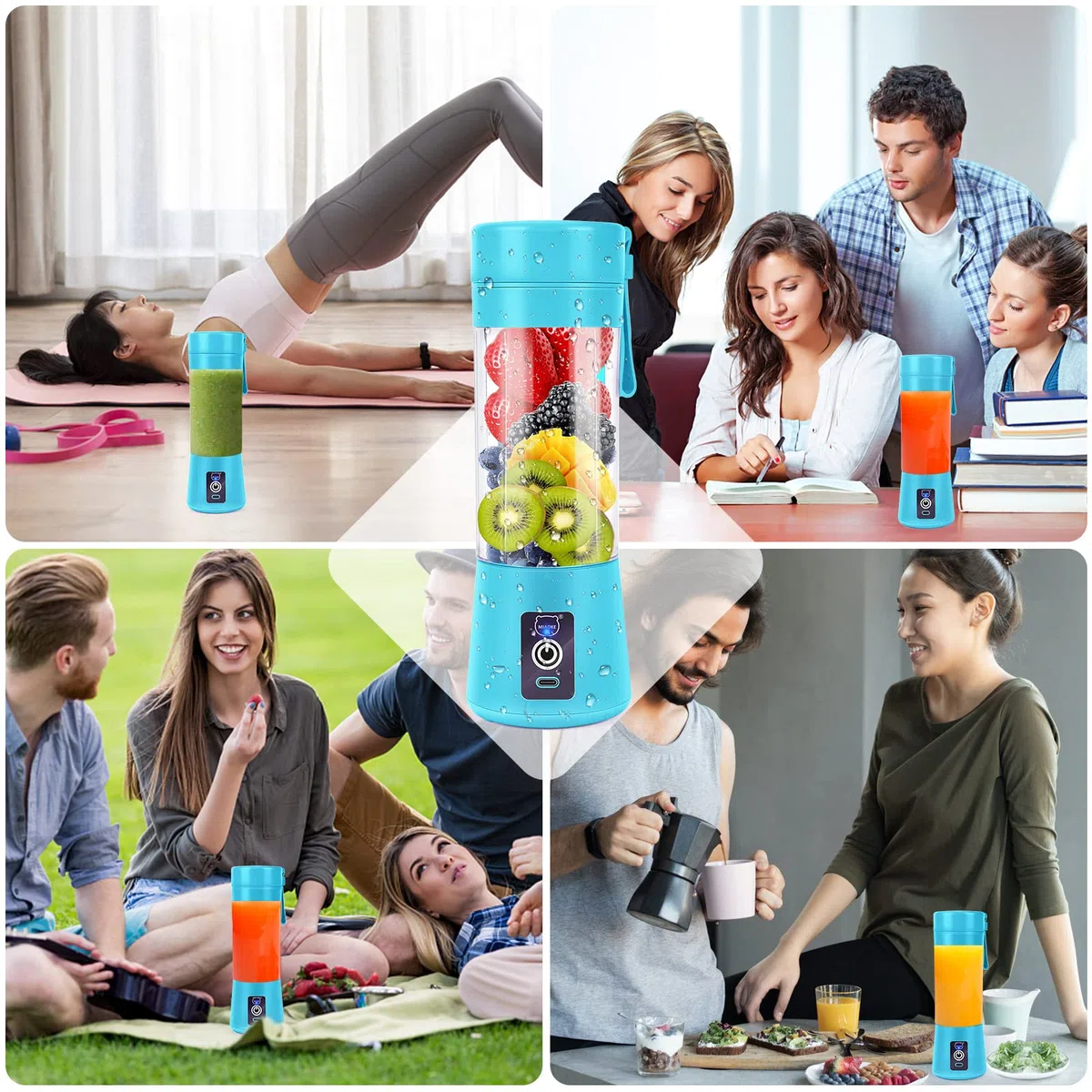 Frullatore portatile per frullati, mini frullatore per succhi con sei lame in 3D, USB ricaricabile Juicer Cup per casa/ufficio/esterno (Blu)