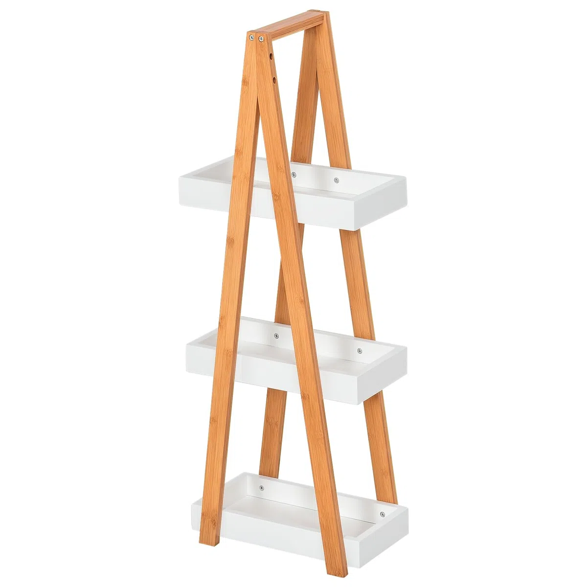 kleankin Scaffale Salvaspazio da Bagno in MDF e Bambù, Forma a Piramide con 3 Mensole, Color Legno e Bianco, 30x18x81cm