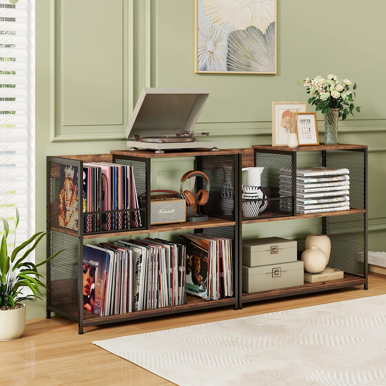 KOMFOTTEU Supporto per Giradischi in Vinile Fino a 300 Album, Espositore per Dischi a 3 Ripiani con 3 Divisori Rimovibili, Mobile Giradischi in Legno e Metallo per Soggiorno, Camera da Letto (Marrone)