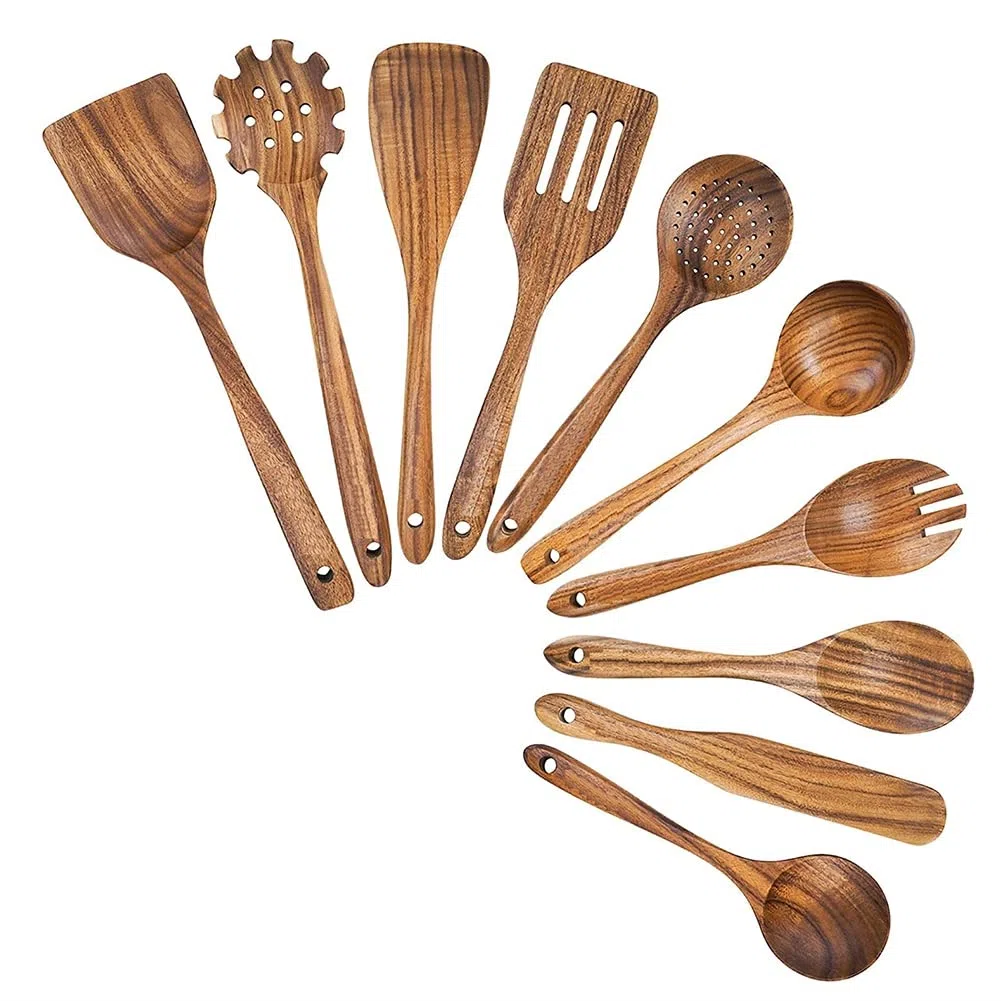 Utensili da Cucina in Legno, Set di Utensili da Cucina con Cucchiai in Legno di Teak e Spatola in Legno per Cucina