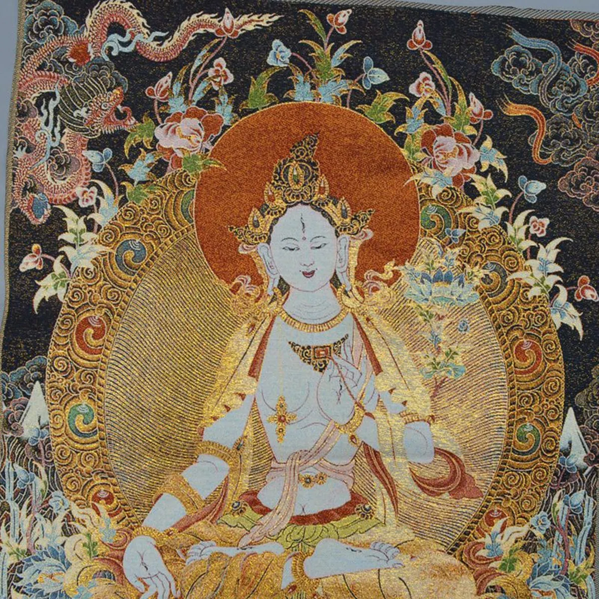 Thangka Dipinto Bianco Tara Buddha Buddista Thangka Broccato Wall Art Decor per La Decorazione della Camera da Letto Yoga (Size : 60x90cm(23x35inch))