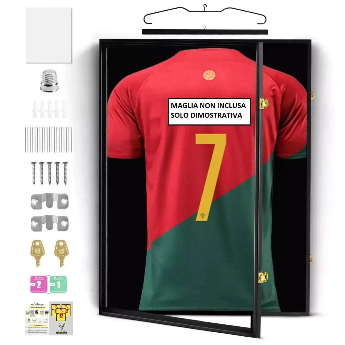 ONE SHOP di Bracalente Piero Teca Quadro Vetrinetta Bacheca Cimeli Sportivi Cornice maglie sportive autografate maglie artisti musciali Quadro in LEGNO chiave di chiusura 60x80 cm