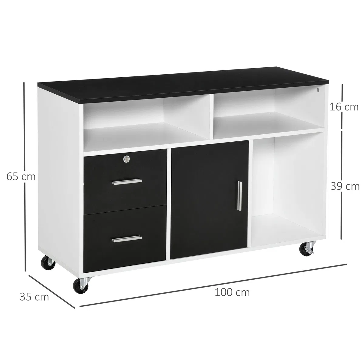 HOMCOM Mobile Porta Stampante a Rotelle con 2 Cassetti Chiudibile a Chiave, 3 Ripiani e Armadietto, Mobile Stampante per Documenti da Ufficio e Studio, 100x35x65 cm, Nero e Bianco