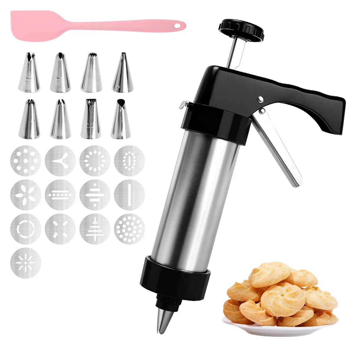 Siringa per Dolci in Acciaio Inox, Pistola per Biscotti con 13 Forme & 8 Beccucci, Macchina per Churros e Decorazioni, Set Pasticceria con Sac à Poche Riutilizzabile per Dolci e Biscotti Fatti in Casa