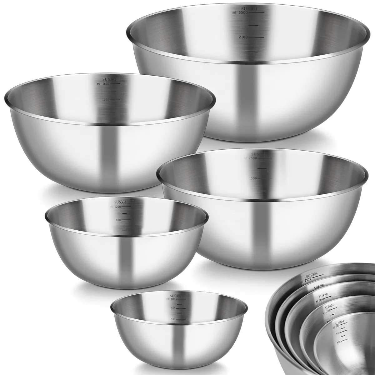 Gucass Set da 5 ciotole acciaio inox cucina (0,7 L / 1,2 L / 1,8 L / 2,5 L / 3,5 L), ciotole cucina impilabili, insalatiera acciaio inox lavabili in lavastoviglie – per insalata, impasti, dolci