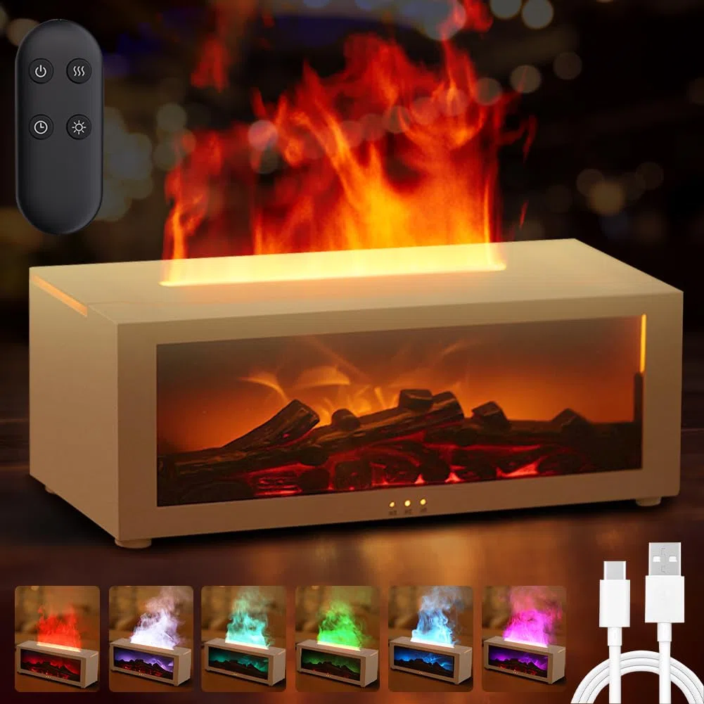 Diffusore di Aromi a Fiamma, Diffusore di Oli Essenziali con Luce a 7 Colori, Umidificatore Flame Diffuser con Telecomando, Diffusore di Olio Profumato con Timer, Spegnimento Automatico Senza Acqua