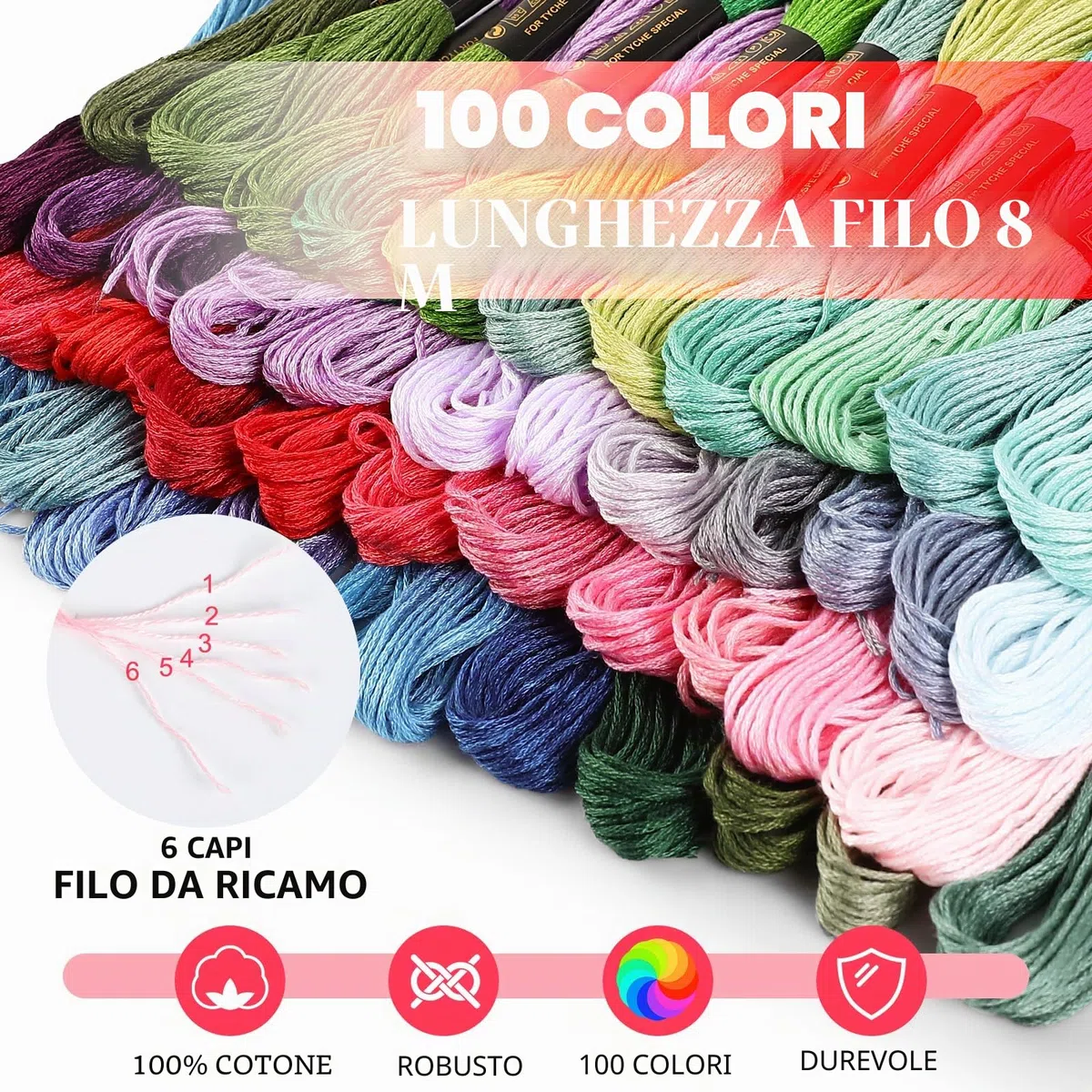 Romon Filo da Ricamo, Kit da Ricamare Braccialetti Kit Punto Croce con 5 Cerchi In Bambù, 100 Fili Colorati, 3 Pezzi di Tela Aida e Strumenti per il Cucito
