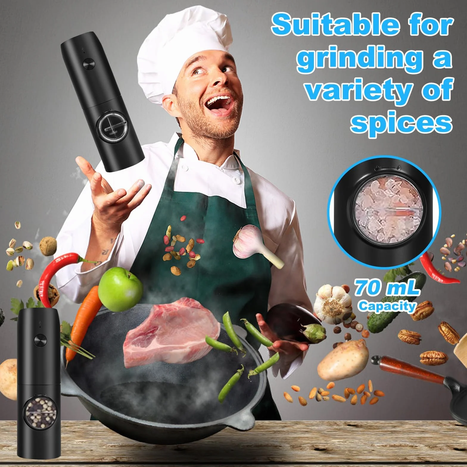 UCAMP Macina Sale e Pepe Elettrico con Base Ricaricabile,Macina Pepe Automatic,Macinaspezie con Granulosità Regolabile,Macina Spezie con Pennello e Cucchiaio,Luce Led,per Barbecue,Ristorante Cucina