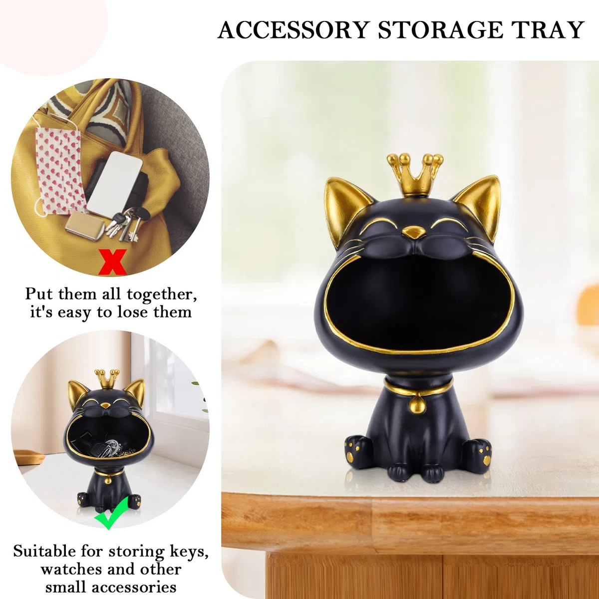Starnearby Statua Gatto Vassoio Svuotatasche da Ingresso Design, Portachiavi Scultura in Resina, Ciotola per Chiavi, Vassoio da Scrivania Portaoggetti da Tavolo