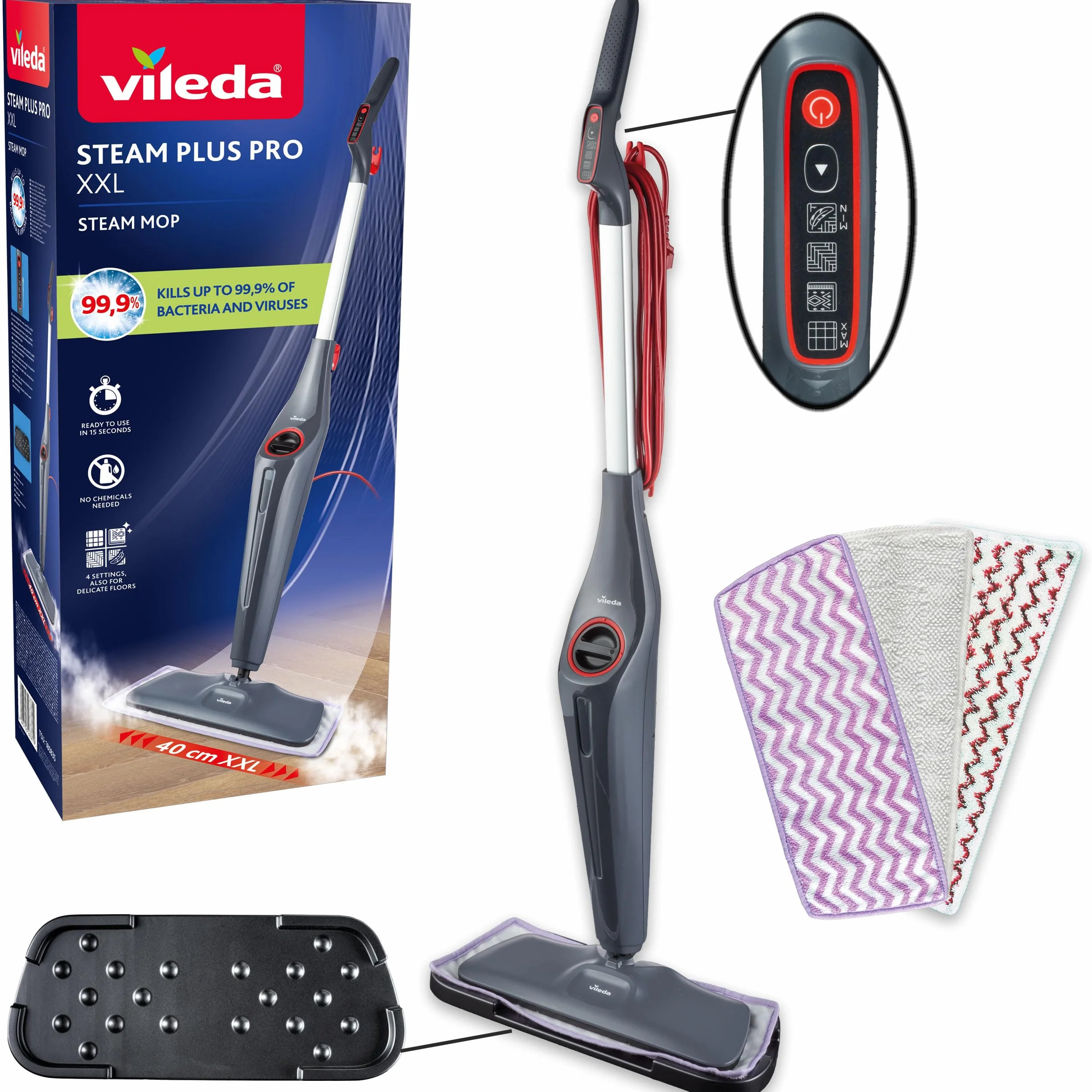 Vileda Steam Plus Pro XXL scopa a vapore, rimuove fino al 99% di batteri e virus, ideale per pavimenti delicati, con 4 impostazioni di vapore, include vassoio di stoccaggio