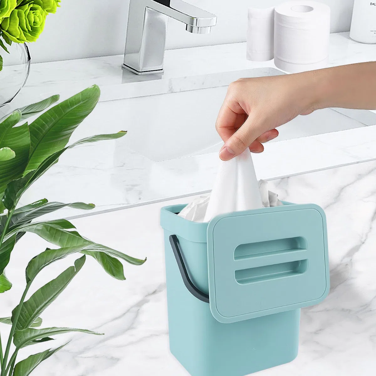 Secchio da Compost da Cucina Piccolo, Bidone della Spazzatura da Appendere, Biometro, Pattumiera per Piano di Lavoro, Contenitore con Coperchio, Compostiera, per Interni, 3 L, Blu.