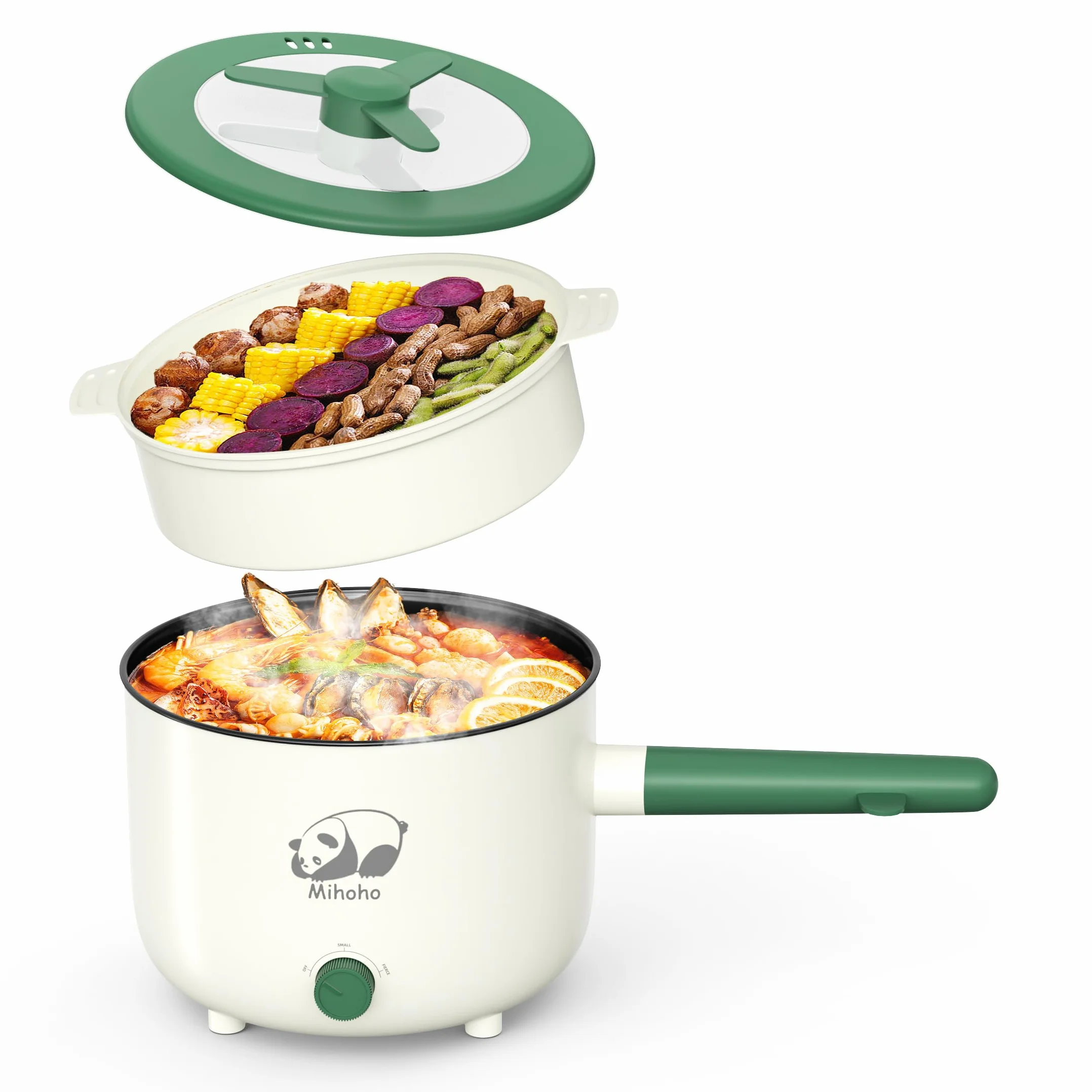 Pentola elettrica con vaporiera, padella antiaderente portatile con doppio controllo di potenza, cuocitore elettrico Shabu Shabu per noodle, farina d'avena, pasta, ramen, 1,5L (verde C)
