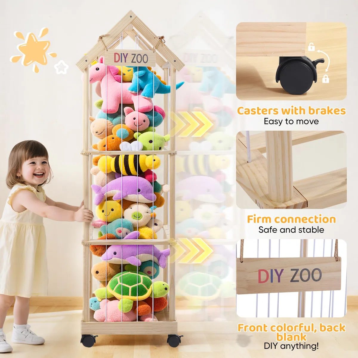 Contenitore per Animali di Peluche, 146x47x35CM con Ruote Girevoli Bloccabili a 360 Gradi per Cameretta dei Bambini, Soggiorno, Cameretta dei Bambini