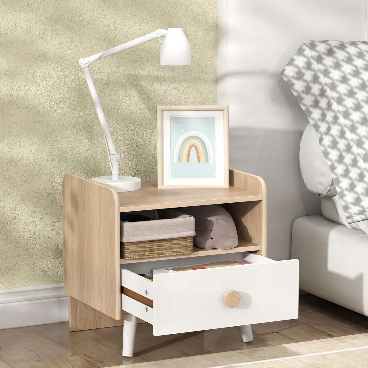AIYAPLAY Comodino con Cassetto per Bambini 3-10 Anni dal Design Minimal, Comodino per Camera da Letto in MDF e Legno di Pino, 40x32.5x40 cm, Bianco e Legno Naturale