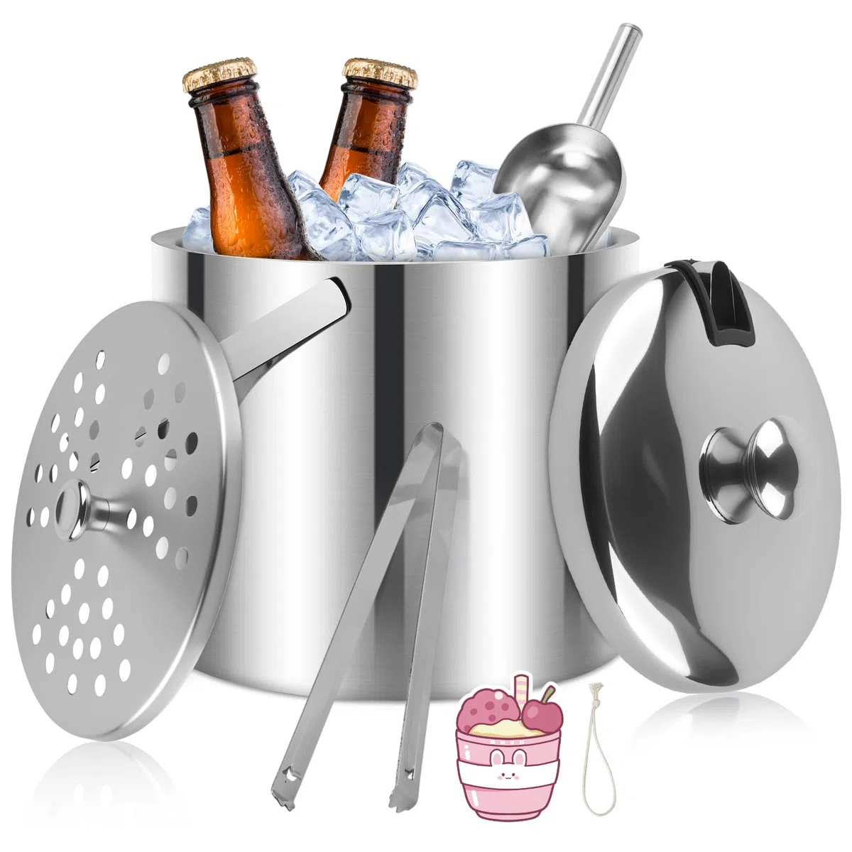 USHOP 3.2L Secchiello Ghiaccio in Acciaio Inox,Secchiello per Ghiaccio a Doppia Parete in Acciaio Inox con Manico Pinze Coperchio e Filtro,Ideale per Bar Domestici,Feste e Servizio Cocktail