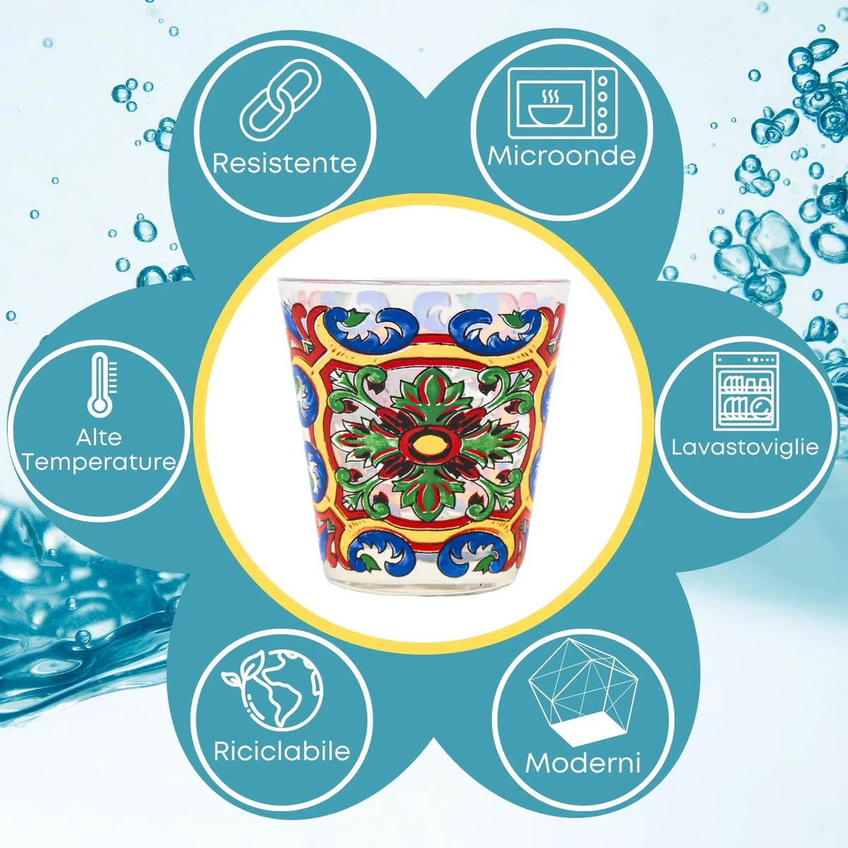 NAMAI - Set 6 Bicchieri Colorati Vetro, 270 ML, Design Unico, Adatti alla Lavastoviglie e Microonde, Vetro Resistente, Colori Vivaci, Idea Regalo, Made In Italy