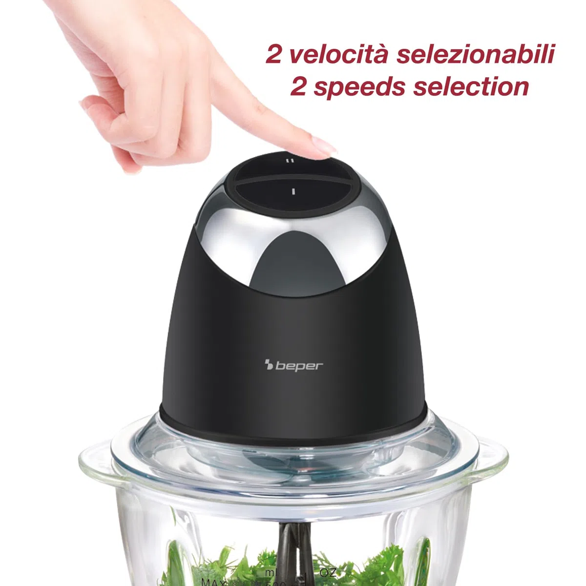 BEPER P102ROB003 Tritatutto Elettrico Chop&Whip con Contenitore in Vetro 500ml, Lame in Acciaio Inox, 2 Velocità, Accessorio per Emulsionare e Montare la Panna, Compatto, Sicuro e Facile da Pulire