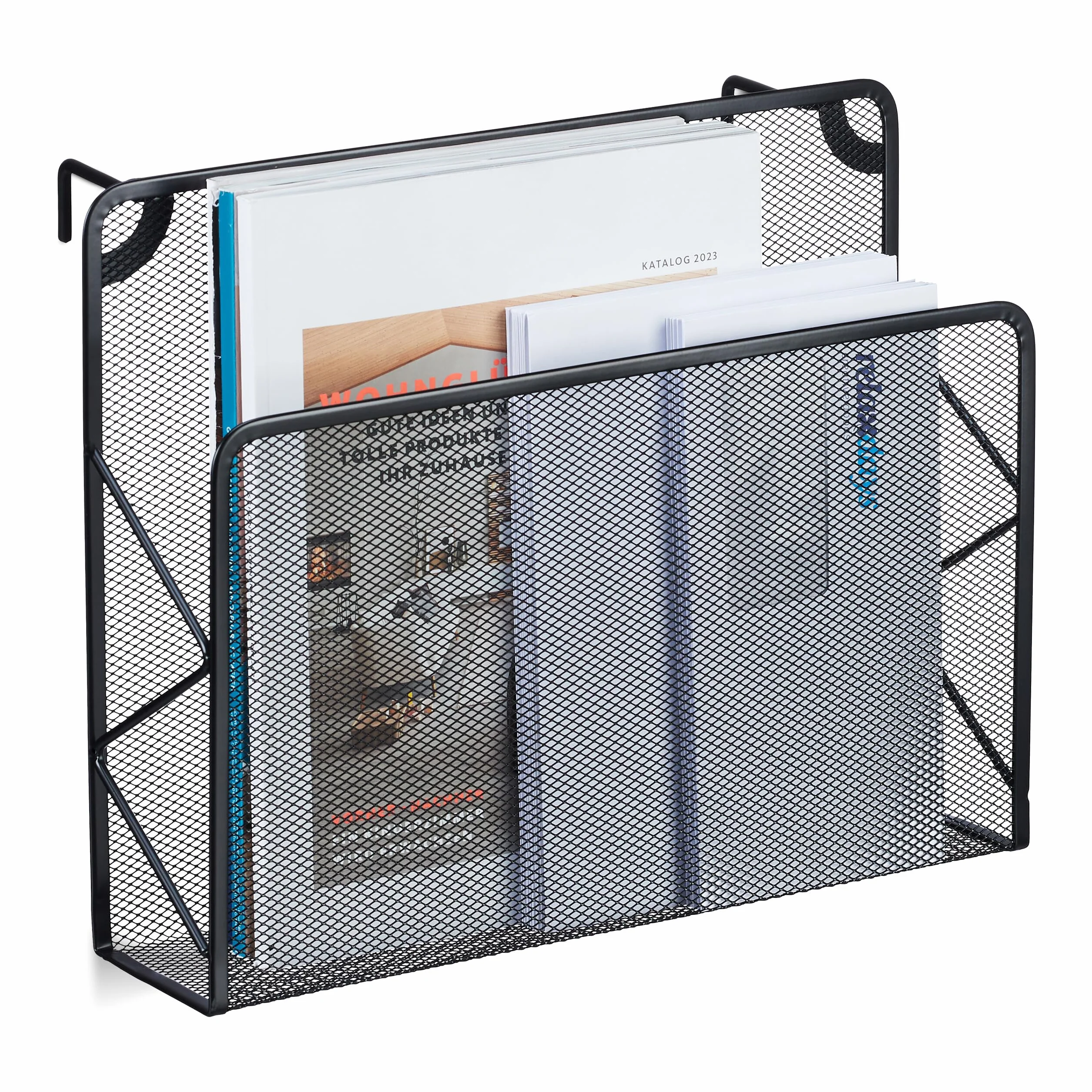 Relaxdays Portariviste in Metallo da Muro, Organizer Portagiornali da Appendere, Cesto Portadocumenti, 28x35,5x10, Nero
