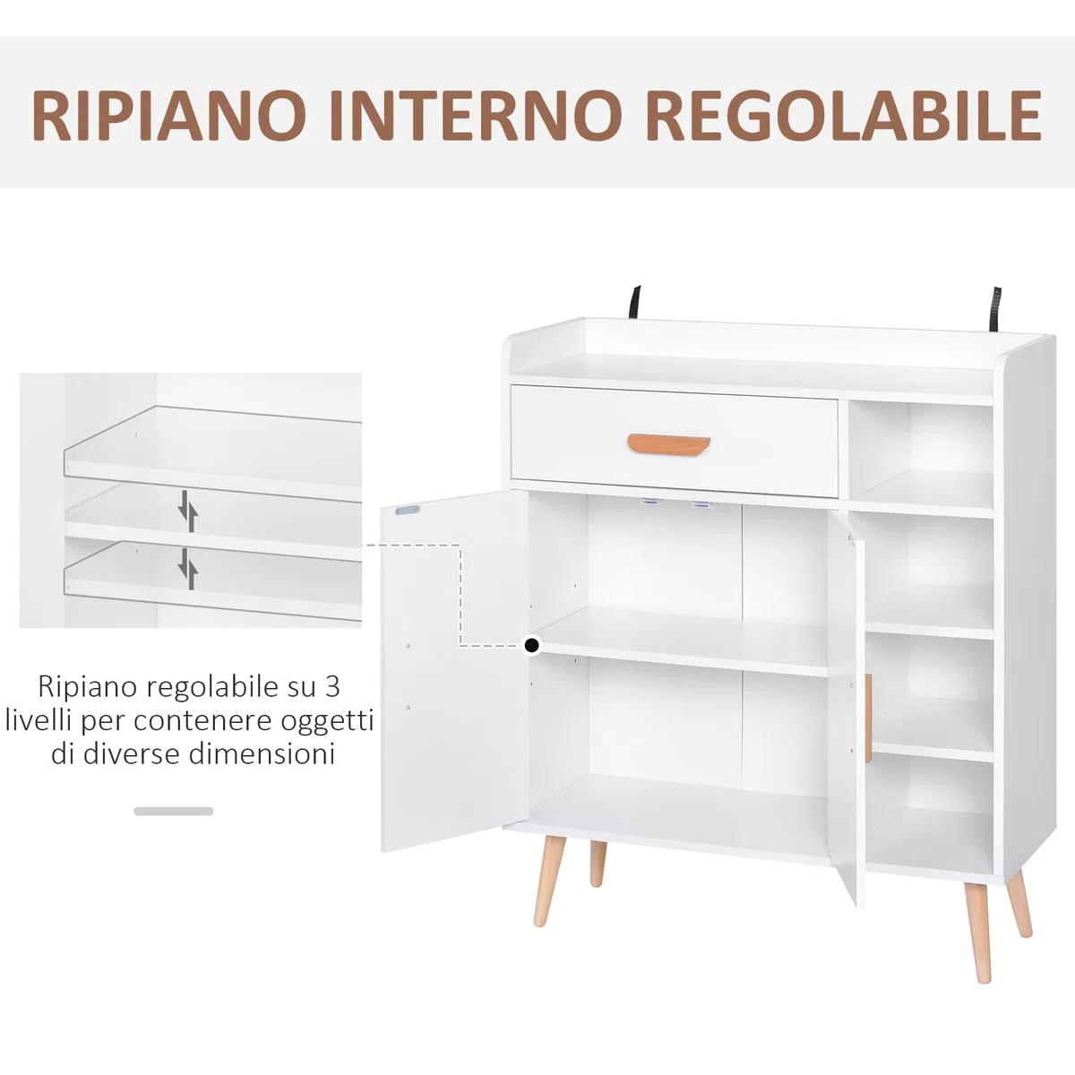 HOMCOM Credenza Moderna con Armadietto e Cassetto, Mobile Multiuso in Legno per Cucina e Salotto, 80 x 29.5 x 96cm Bianco