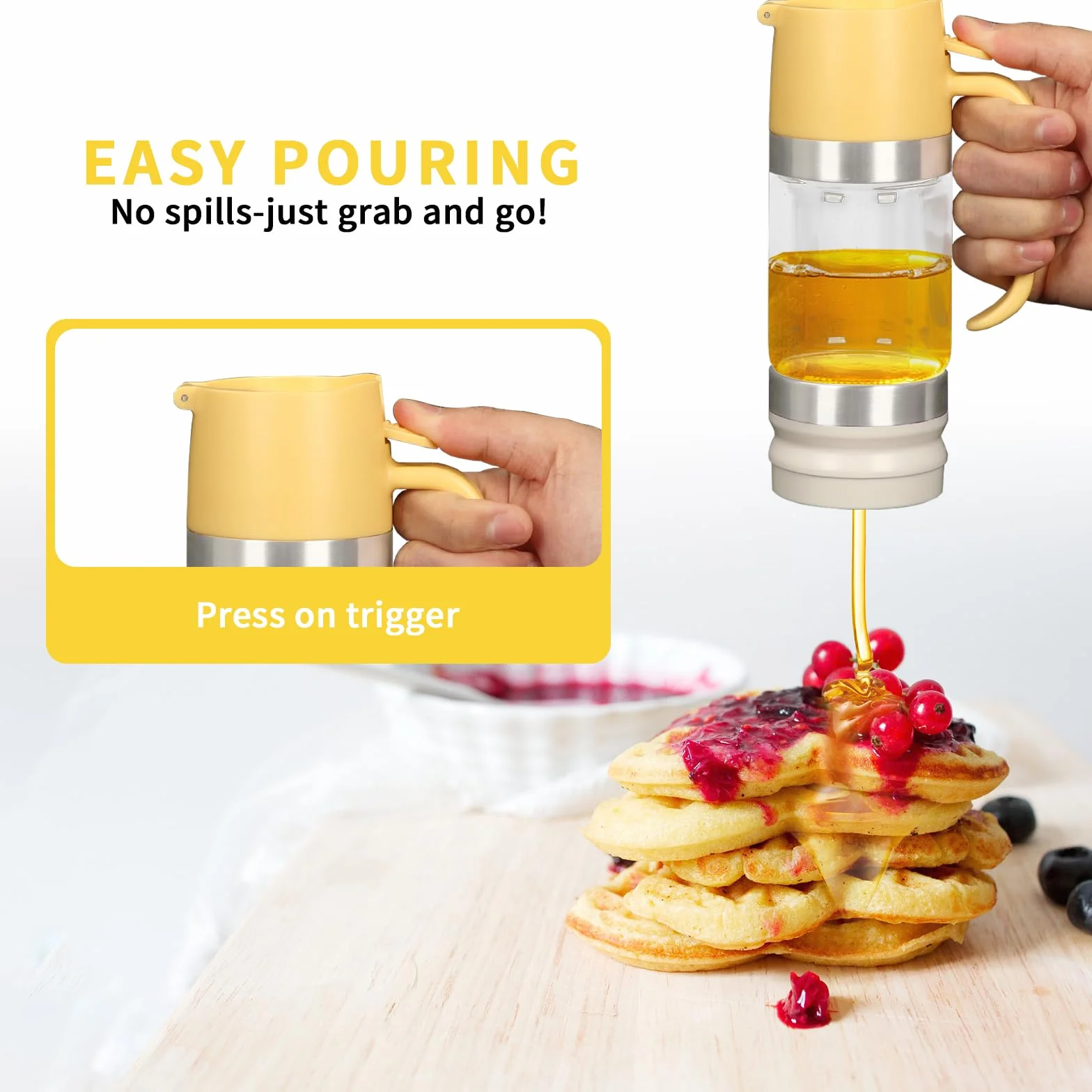 Tefola Dispenser per miele, in vetro, per sciroppo d'acero, antigoccia, con manico, accessori per caffetterie per pancake, caffè, ciotole per cereali, insalata, cucina e bar (giallo, 315ml)