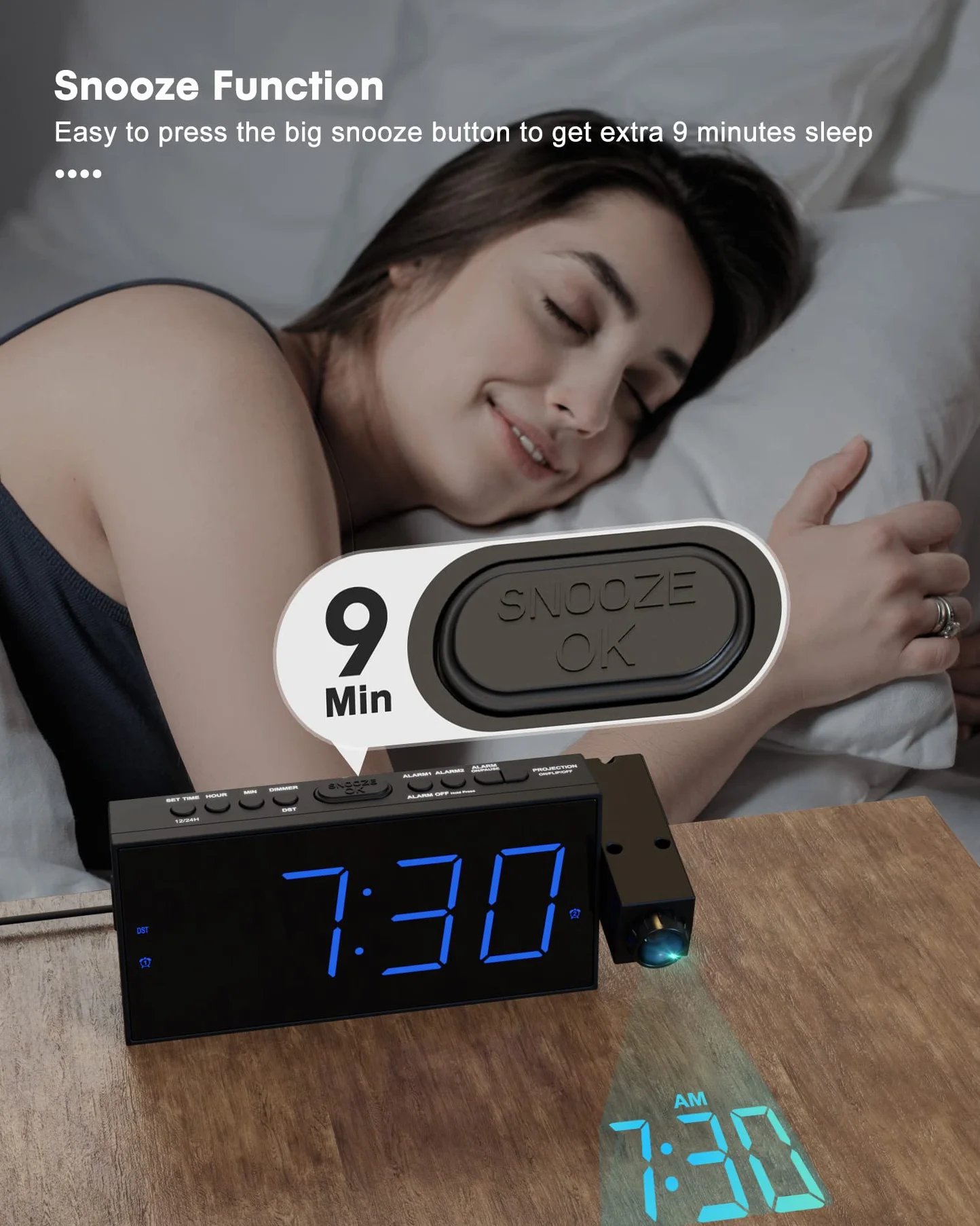 ROCAM Sveglia con Proiettore da Comodino, 7" Display LED &Dimmer, Porta USB, 12/24 Ore, Batteria Backup, Sveglia Digitale per Camera da Letto | Orologi a Proiezione
