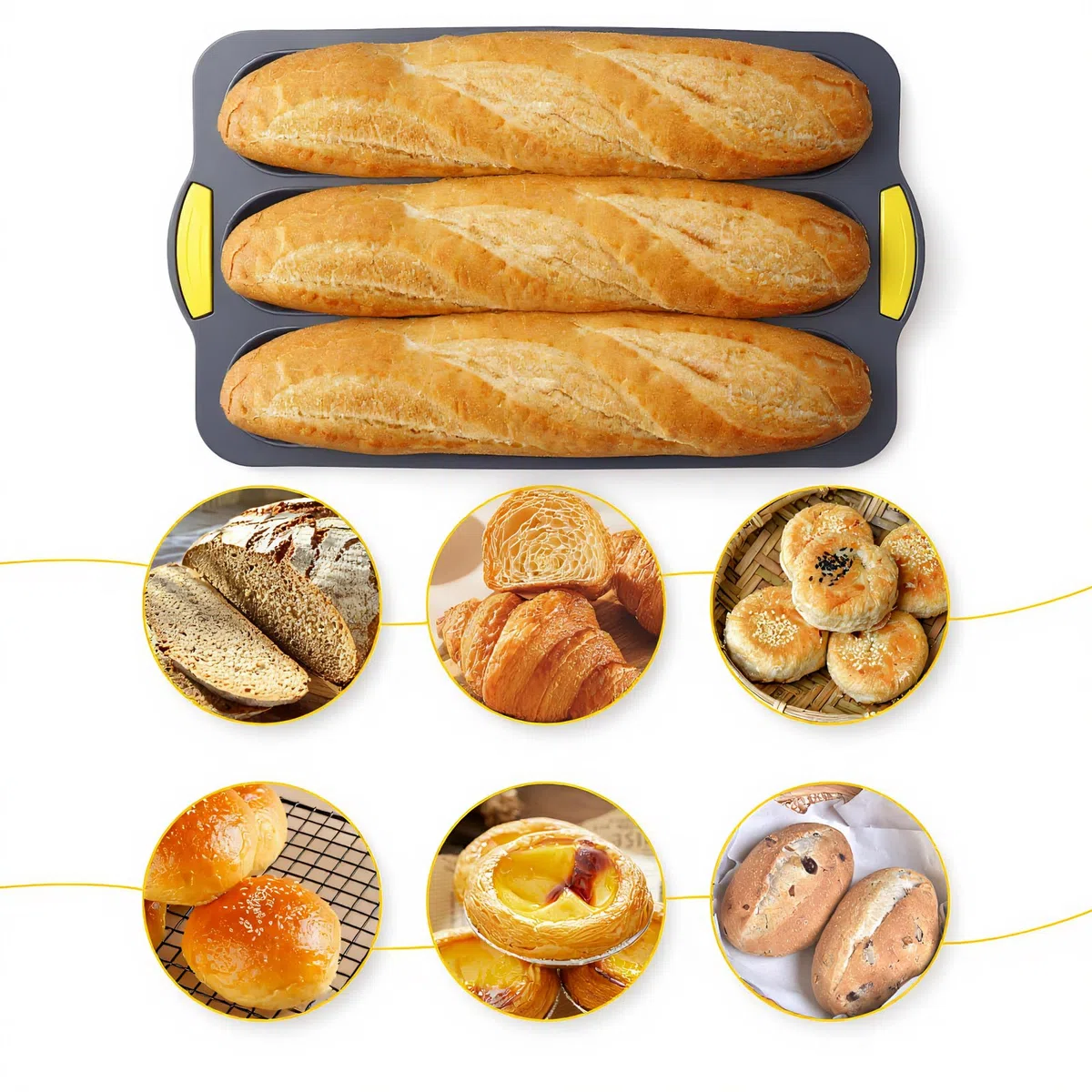 2 Teglie da Forno per Baguette, Stampo per Baguette, con 2 Pinze Isolanti e 1 Spatola in Silicone per Pane, Torte, Muffin,Silicone