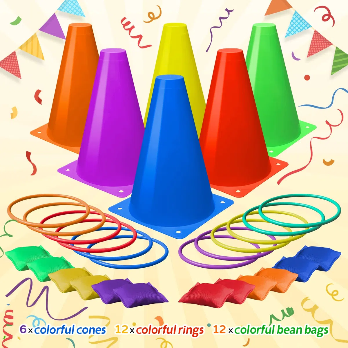 Eocolz Set di giochi di carnevale 3 in 1, coni in plastica morbida per fagioli ad anello, giochi per bambini, feste di compleanno, giochi all'aperto, forniture per giochi da 32 pezzi