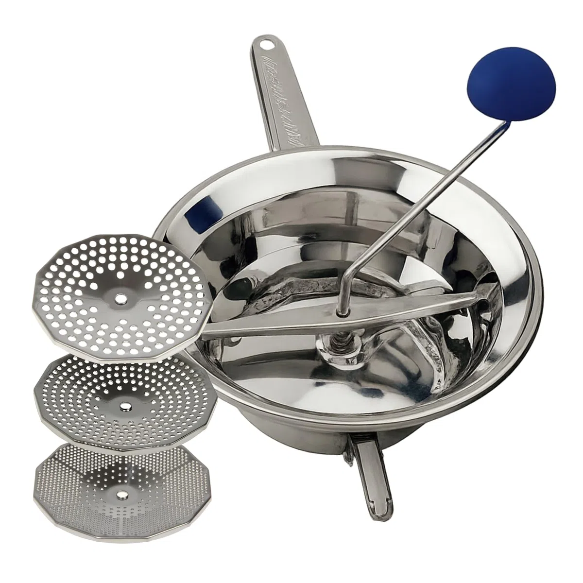 Virsus Passatutto in acciaio inox 18/10, DIAMETRO 24cm, 3 Dischi in dotazione, passaverdure manuale antiruggine per schiacciare patate, verdure, legumi, zuppe, salse, pomodori, Made in Italy