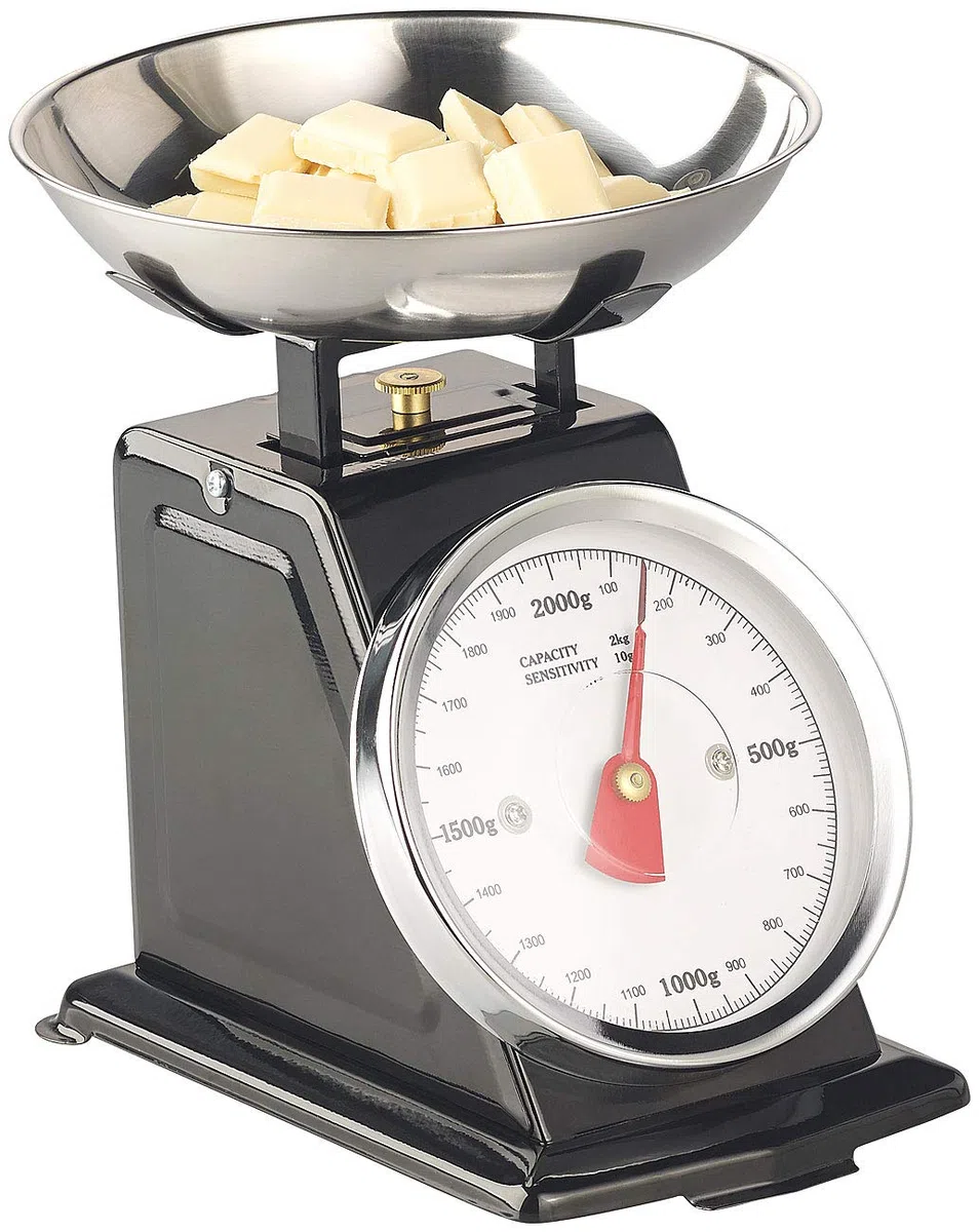 Rosenstein & Söhne Digital Kitchen Scales - bilancia da cucina meccanica: Analogico Bilancia da cucina retrò, fino a 2 kg, Funzione tara, involucro in metallo nero (retrò, vecchio)