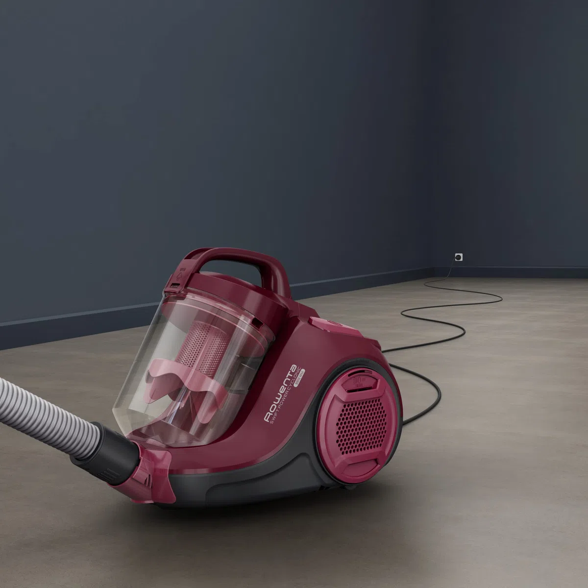 Rowenta Aspirapolvere a Traino Senza Sacco, Tecnologia Ciclonica, Design Compatto, Leggero, Filtro ad Alta efficienza spazzola parquet, Colore Rosso Vino, RO2933