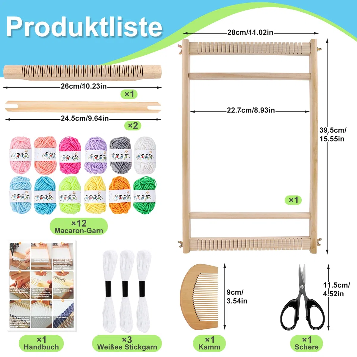 BSTDAYEVER Telaio per Tessitura in Legno Telaio per Bambini Telaioi per Tessitura a Cornice 28x38cm Craft Telaioi per Tessiture Quadrato Contiene 12 Colori di Filato per Principianti e Bambini