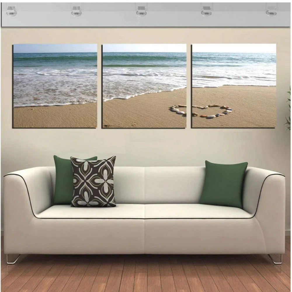 Trittico Quadri su Tela 3 Pezzi Ciottoli A Forma di Cuore sulla Spiaggia del Mare Creative Semplice Trittico Puzzle Camera da Letto Ristorante Soggiorno Art Murale Warm Decor Hanging Pittura-C2