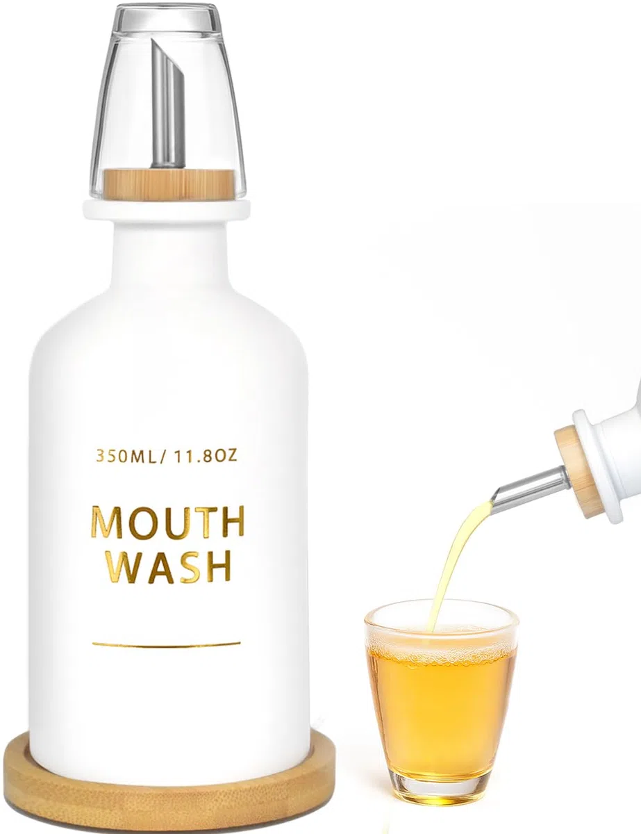 Dispenser per collutorio da bagno 334,5 g, bottiglia di collutorio in vetro con tazza e vassoio in bambù, scritta dorata stampata a caldo, accessorio da bancone in stile nordico, accessori da bagno