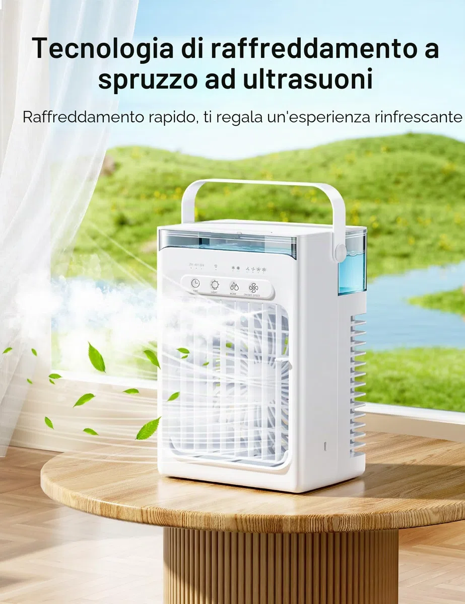 Mini Condizionatore Portatile, Ventilatore con Ghiaccio, 1000 ML Raffrescatore d'Aria con Doppio Motore, 3 Velocità, Nebbia Fredda, Timer 2/4/6H, Luci LED, per Casa, Ufficio (Bianco‌)