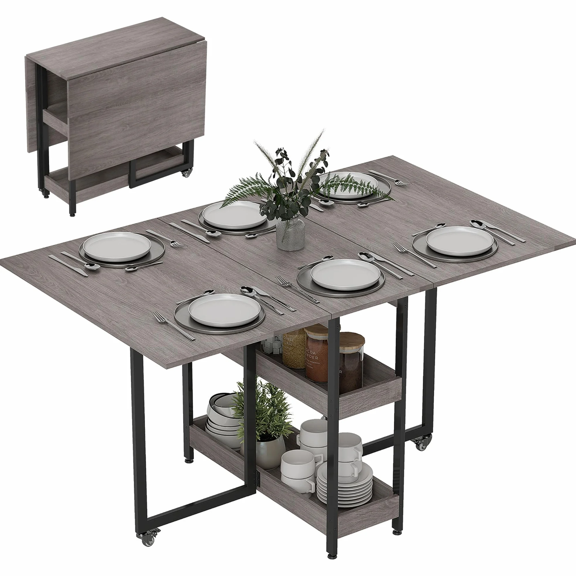 HOMCOM Tavolo da Pranzo Pieghevole, Tavolo Cucina a Ribalta con Ruote per 4 Persone, Scrivania Richiudibile Salvaspazio con 2 Ripiani Aperti, Ideale per Soggiorno, Ufficio, 133.4x80x75 cm, Grigio