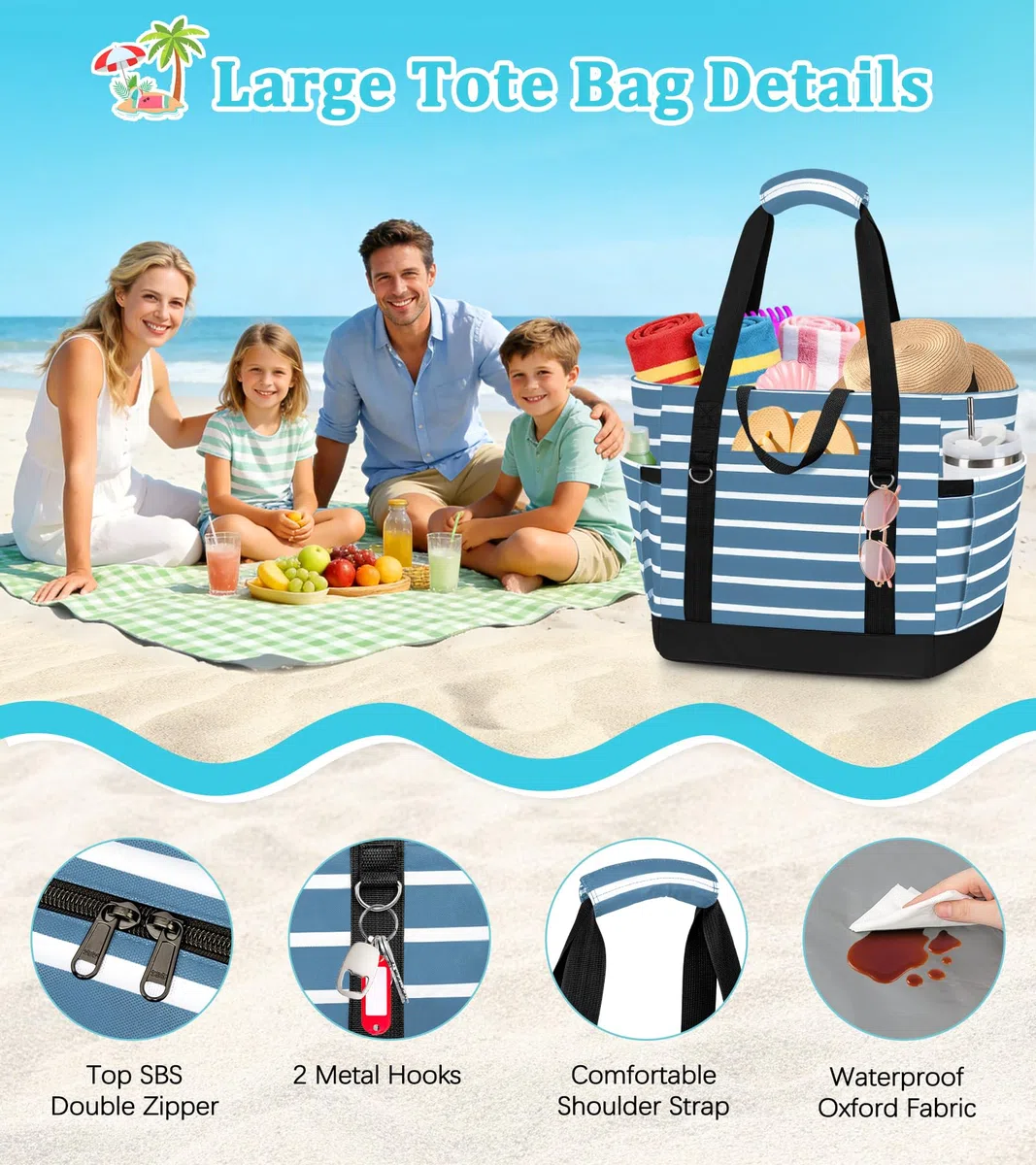 LUROON Borsa Mare Donna Grande XXL con Borsa Frigo, Borsa Spiaggia Famiglia Impermeabile con Cerniera, Pieghevole e Leggera Borse Tracolla Donna per Shopping Viaggio Campeggio