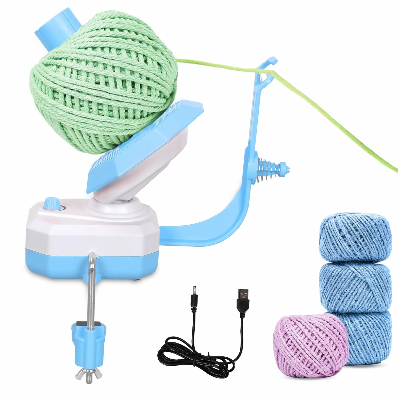 Avvolgitore Elettrico per Filato a Doppia Molla - Avvolge Automaticamente fino a 280g (10 Once), Ideale per Maglia e Uncinetto - Design Compatto, Facile da Usare (Colore Azzurro)