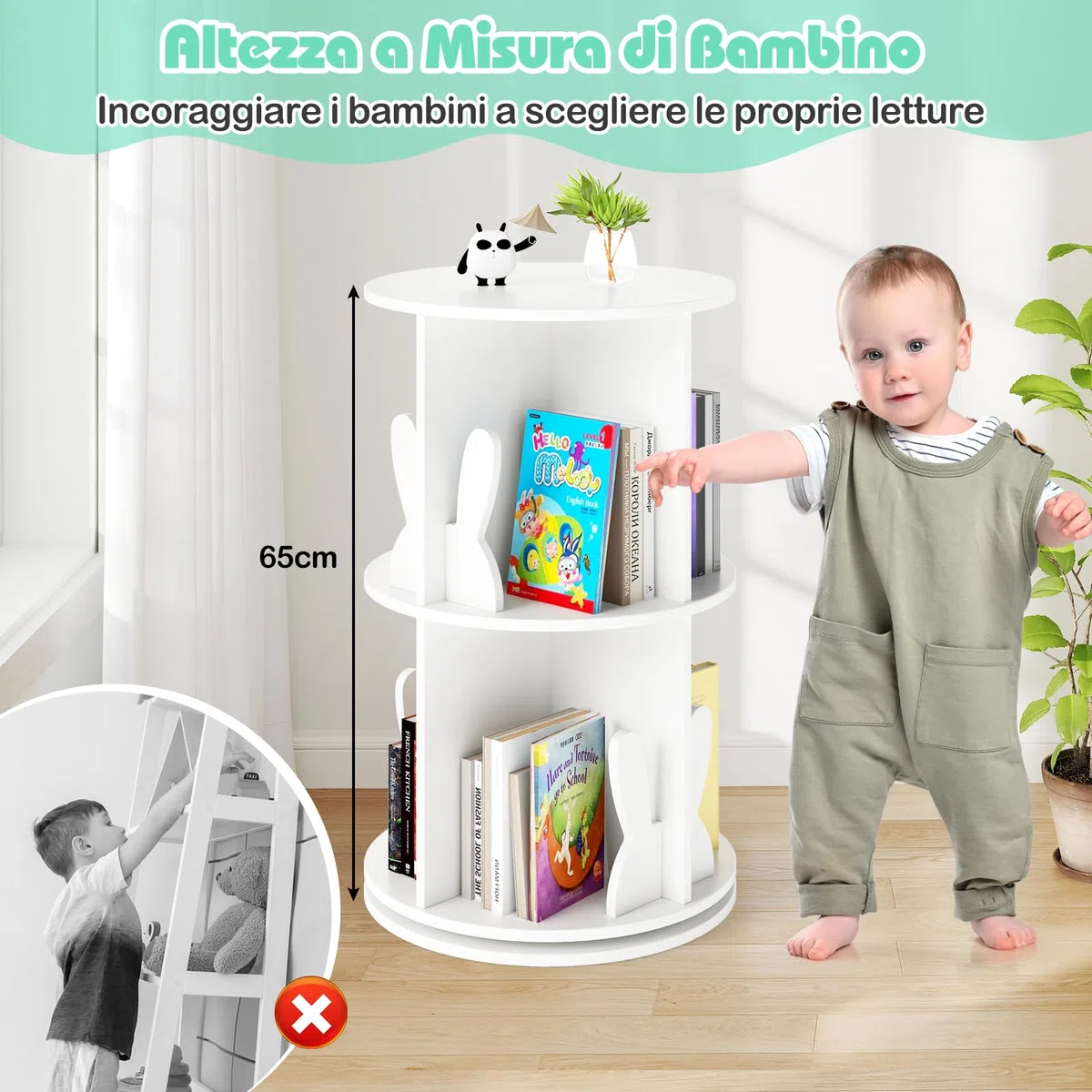 RELAX4LIFE Libreria Scaffale Girevole per Bambini, Porta Libri Rotante a 2 Livelli, Libreria in Legno per Soggiorno, Camera da Letto e Studio, 40 x 40 x 65 cm (Coniglio, Bianco)