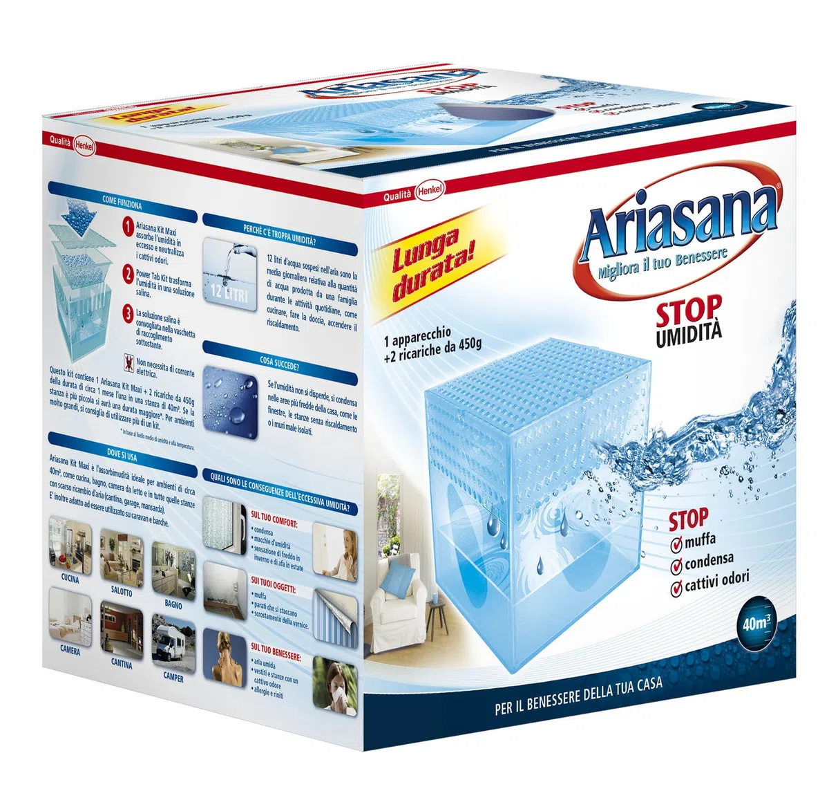 Ariasana Kit Maxi Deumidificatore, Assorbiumidità fino a 40 m², Assorbiumidità anche per cantina, stanzino, bagno, cucina, camper, Dispositivo e 2 ricariche in sali da 450 g
