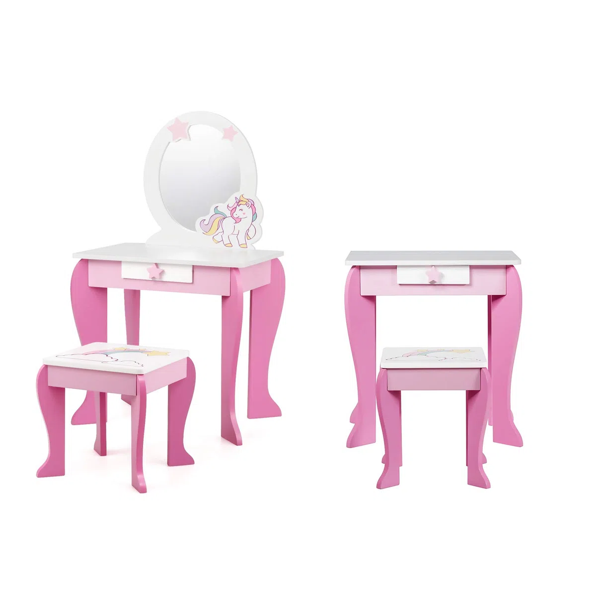 GIANTEX Set di Specchiera e Sgabello per Bambini, Tavolo da Trucco Giocattolo in Legno con Cassetto, Ideale Regalo per Ragazze di 3-7 Anni, con Portata di 15kg, 49x35,5x89cm (Rosa)