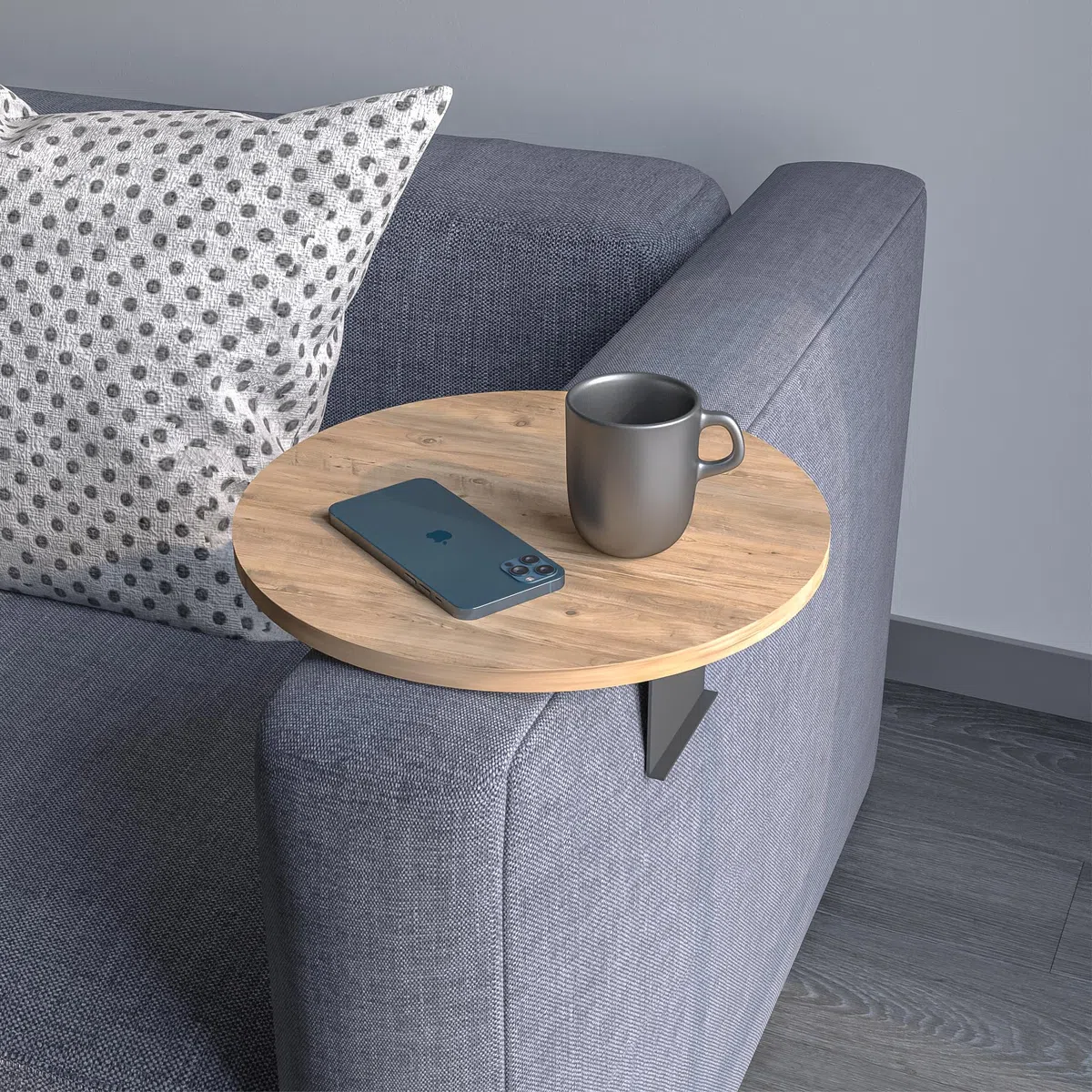 Vassoio da divano con bracciolo, vassoio regolabile per divano e bevande, design speciale, pratico supporto in metallo, diametro 35 cm (effetto legno)