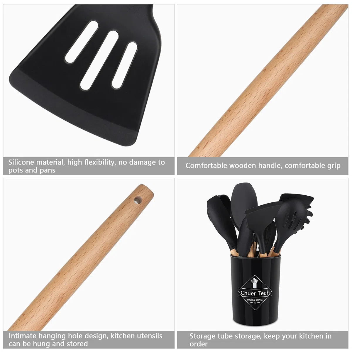 Utensili da cucina in silicone per legno, 12 pezzi, accessori da cucina, set senza BPA, antiaderenti, antigraffio e resistenti al calore, strumento da cucina antiaderente per mestolo, spatola,