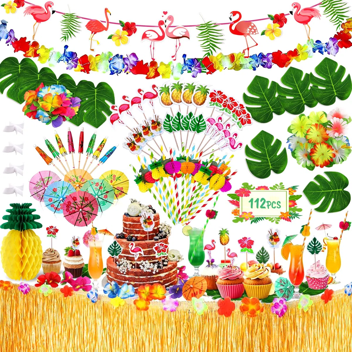 112 Pezzi Gonna Tavolo Hawaiana Tovaglia da Tavolo Set, Decorazioni Festa Hawaiana, Stendardo, Fiori, Foglie di Palma Artificiali, Forchette per Torta e Cannucce per Feste a Tema Hawaiano
