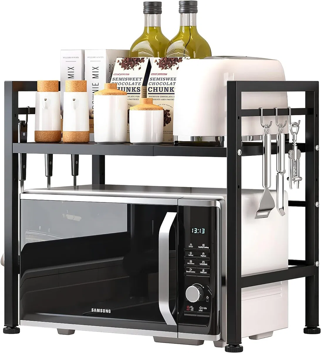 Mensola Microonde Estensibile, 2 Livelli Regolabile Scaffale, Acciaio Carbonio Ripiano Contatore Cucina Organizzatore 6 Ganci, Carico Pesante 60lbs (Nero)