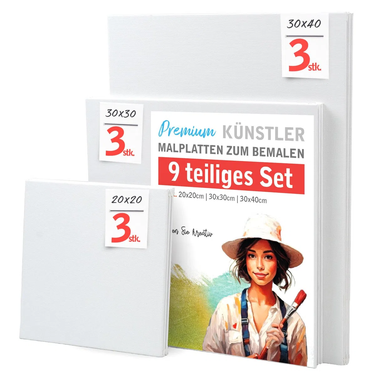 Set di 9 cartoncini per artisti, da dipingere, da 3 pezzi, 20 x 20 cm, 30 x 30 cm e 30 x 40 cm, tela pre-primerizzata in 100% cotone, lavorata in cartone mall, 2 strati di colore bianco