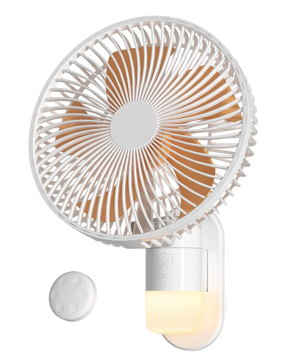Ventilatore da Parete 26 cm con Luce e Telecomando, Silenzioso 30 dB, Flusso d’Aria Potente 5,2 m/s, Timer, Oscillazione 90°, 4 Velocità, Inclinazione 180° per Camera, Ufficio, Camper