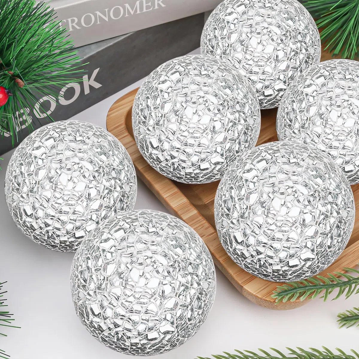 Palline a mosaico in vetro solido 6 pezzi/6 cm sfera in vetro specchio scoppiettante palle tavolino set vasi gruppo decorativo - argento