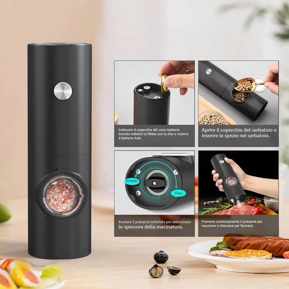 CIRCLE JOY Set Macina Sale e Pepe Elettrico a Batteria Macinaspezie con Base, Luce LED Bianca e Rugosità Regolabile, Bianco Nero